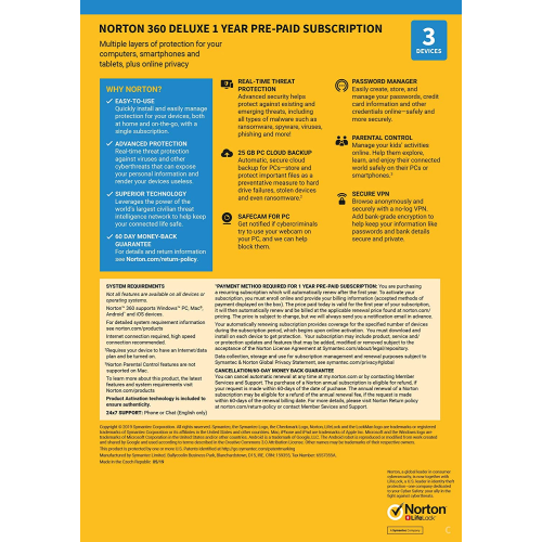 Norton 360 Deluxe | 3 Appareils | 1 An | Carte Bancaire requise | Numérique (ESD/UE)