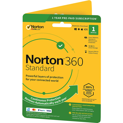 Norton 360 Standard | 1 Appareil | 1 An | Carte Bancaire requise | Numérique (ESD/UE)