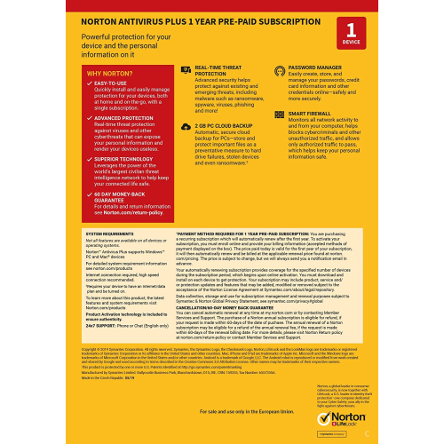 Norton Antivirus 2019 Plus | 1 PC | 1 An | Carte Bancaire requise | Numérique (ESD/UE)